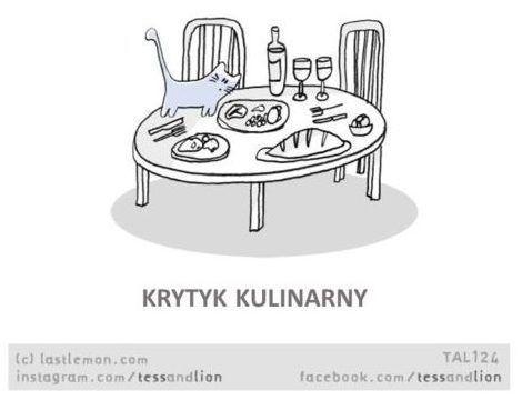 Rysunkowy kot stoi na stole i patrzy w talerz