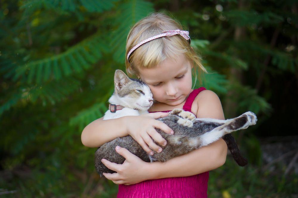 dziecko przytula kota