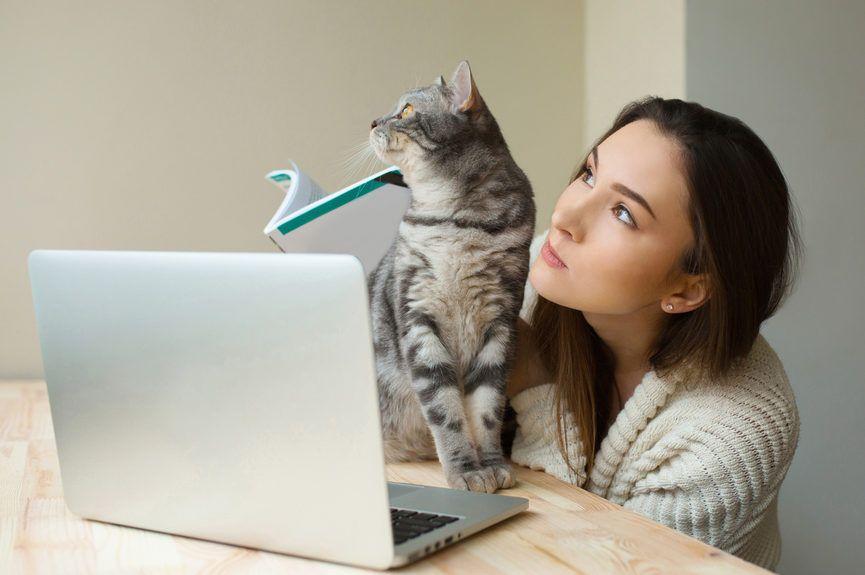 kobieta i kot przy laptopie